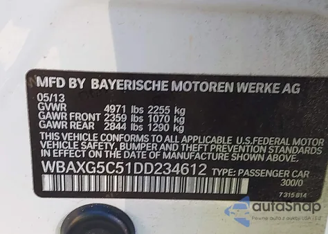 2013 BMW 528I из США, поврежденный, VIN WBAXG5C51DD234612